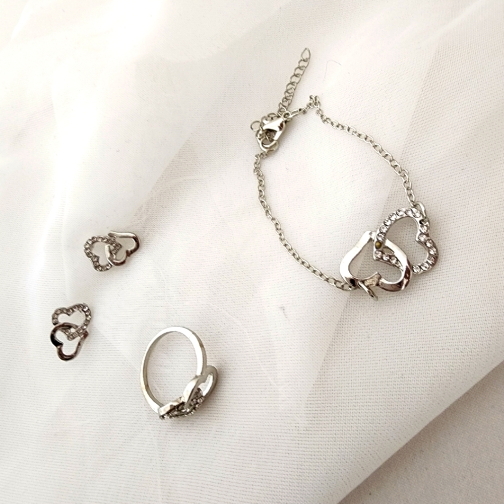 Double Heart Silver Bracelet, Ring and Earrings Set NIB